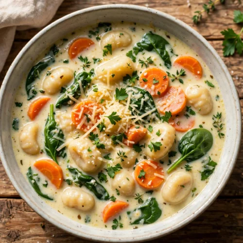 Gnocchi Suppe Rezept – cremige Suppe mit Kartoffelgnocchi, Spinat und Parmesan in einer Schale