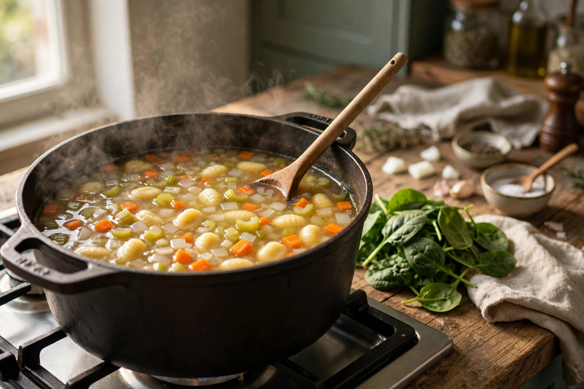 Gnocchi Suppe Rezept – Gnocchi, Möhren und Sellerie simmern in Gemüsebrühe im Topf
