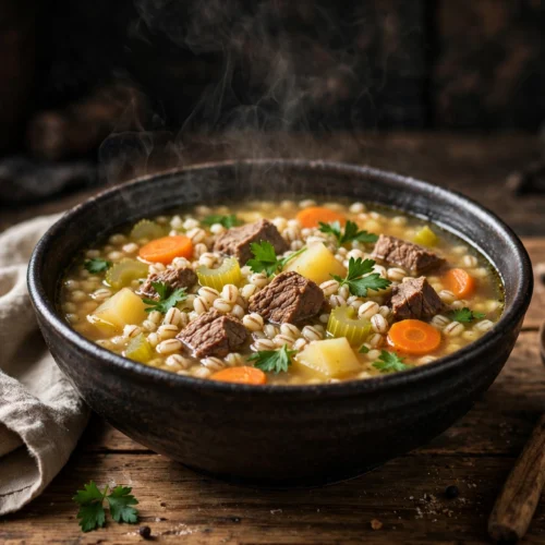 Graupen Suppe Rezept – dampfende Graupensuppe mit Perlgraupen, Rindfleisch und Wurzelgemüse in rustikaler Schale