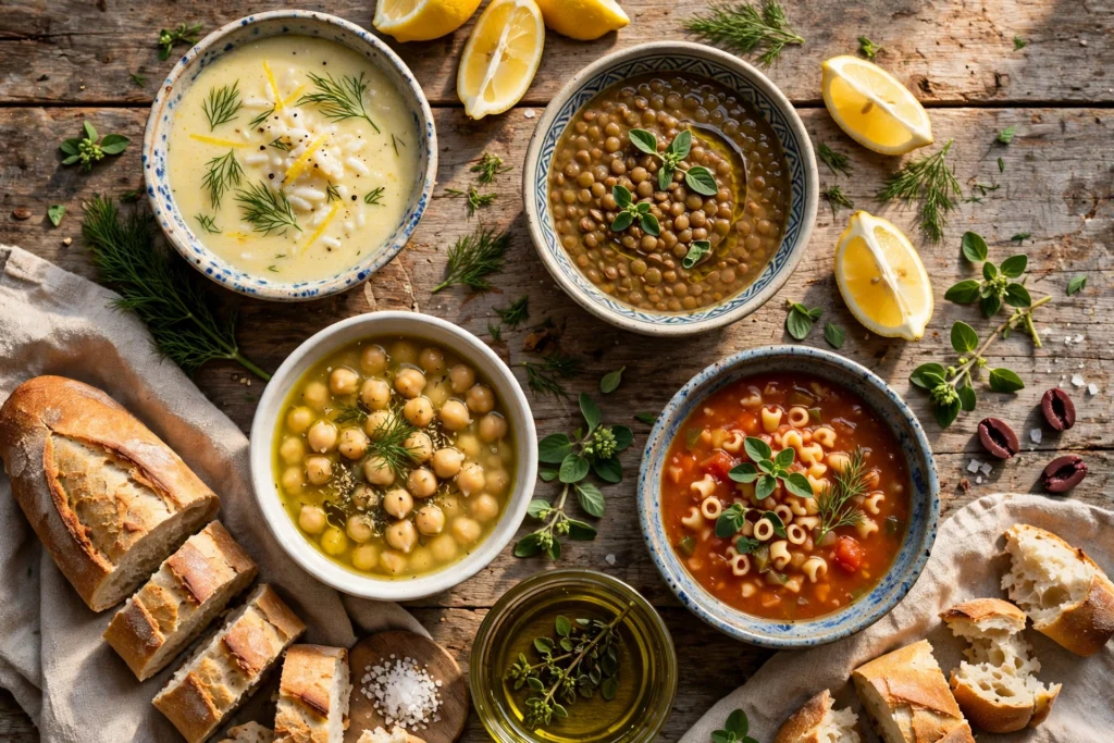 Griechische Suppe Rezept – Verschiedene griechische Suppen mit Zitrone, Feta, Brot und Kräutern