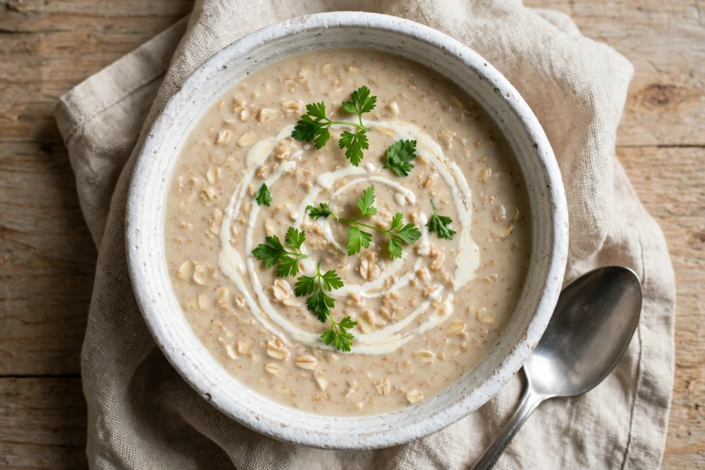 Haferkleie Suppe Rezept – cremige Suppe in weißer Schale mit Petersilie und Sahnehäubchen