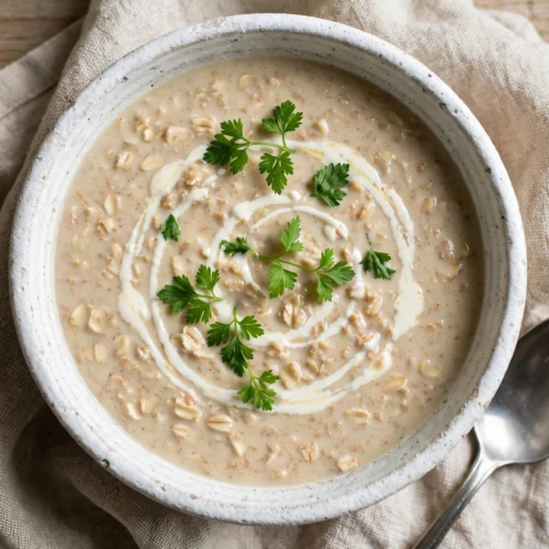 Haferkleie Suppe Rezept – cremige Suppe in weißer Schale mit Petersilie und Sahnehäubchen