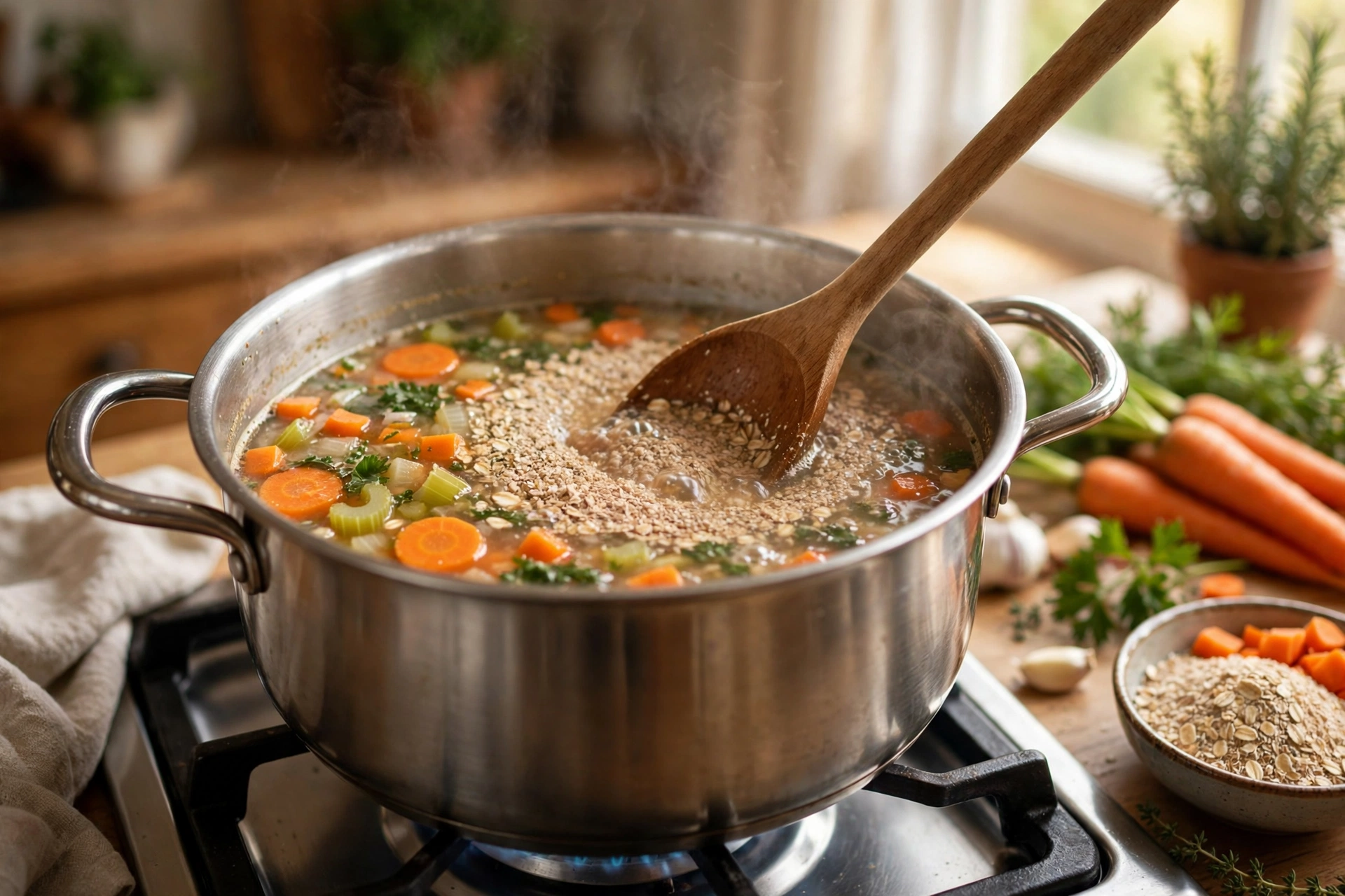 Haferkleie Suppe Rezept – Gemüse und Haferkleie werden im Topf zu einer cremigen Suppe gerührt