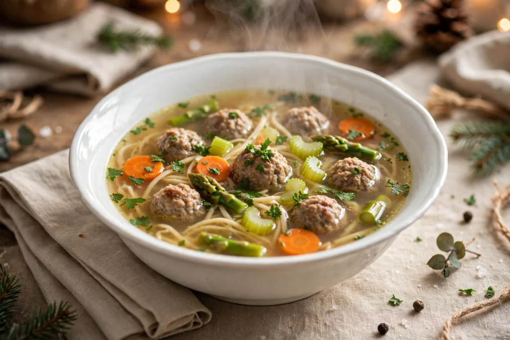 Hochzeit Suppe Rezept – dampfende Hochzeitssuppe mit Fleischklößchen, Eierstich und Gemüse in klarer Brühe in eleganter Schüssel