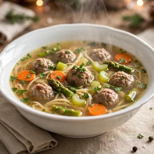 Hochzeit Suppe Rezept – dampfende Hochzeitssuppe mit Fleischklößchen, Eierstich und Gemüse in klarer Brühe in eleganter Schüssel