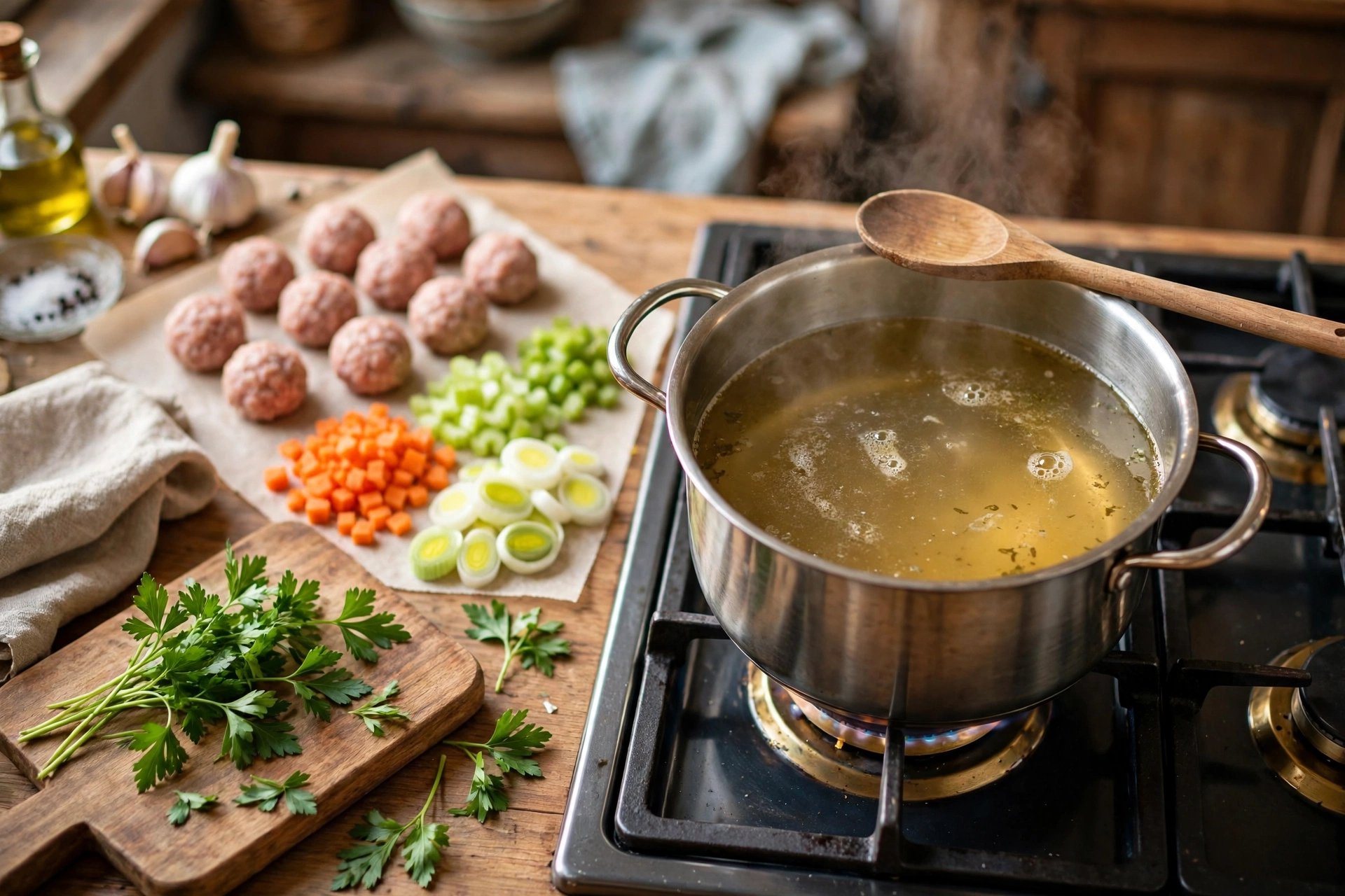 Hochzeit Suppe Rezept – Zubereitung: Kleine Fleischklößchen, Möhren und Sellerie simmern in klarer Brühe im Topf
