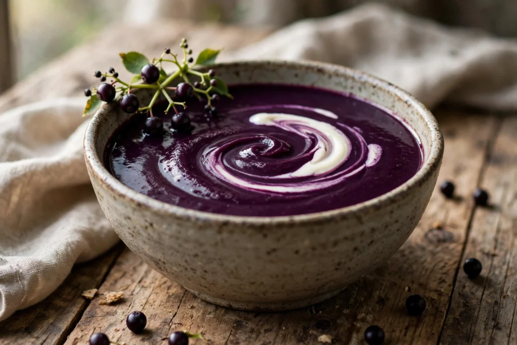 Holunderbeeren Suppe Rezept – samtige, tiefviolette Holunderbeerensuppe mit Sahnehäubchen in rustikaler Schale auf Holztisch