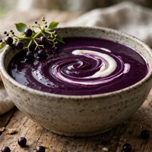Holunderbeeren Suppe Rezept – samtige, tiefviolette Holunderbeerensuppe mit Sahnehäubchen in rustikaler Schale auf Holztisch