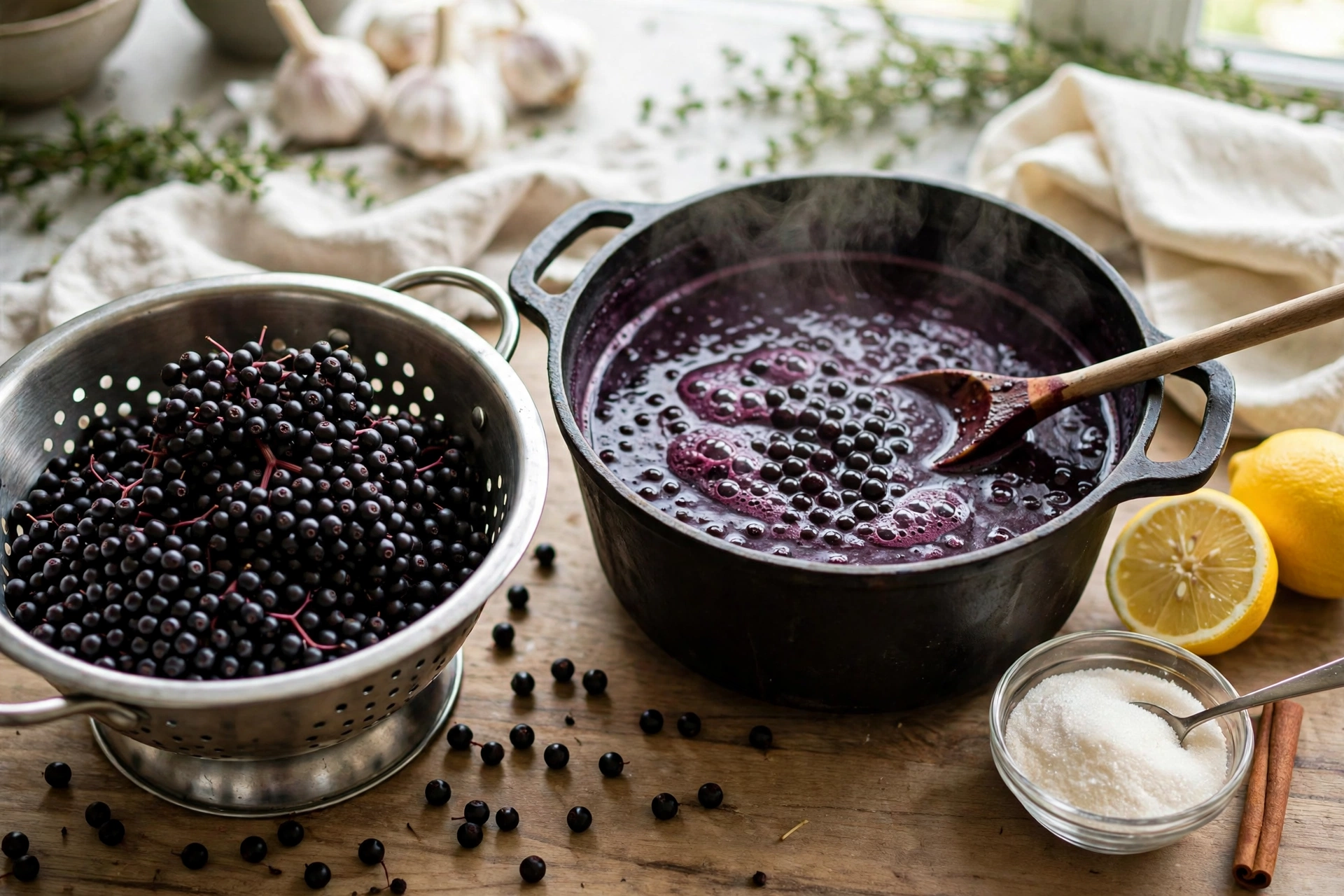 Holunderbeeren Suppe Rezept – Zubereitung: frische Holunderbeeren, Zitrone, Zimtstange und Zucker liegen bereit, die Suppe köchelt im Topf