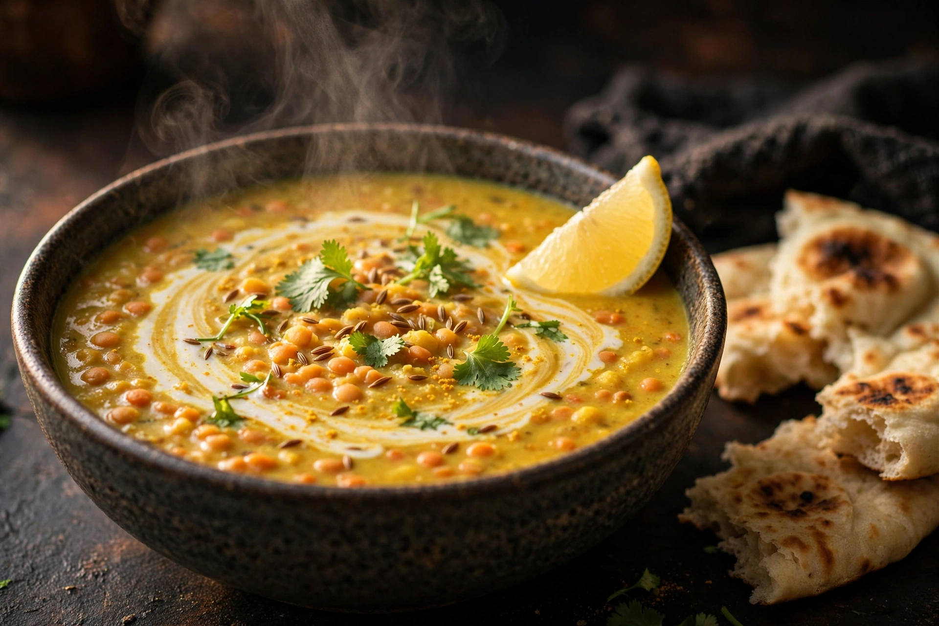 Indische Suppe Rezept – cremige Dal Suppe mit Kokosmilch, Linsen und Koriander in einer Schale