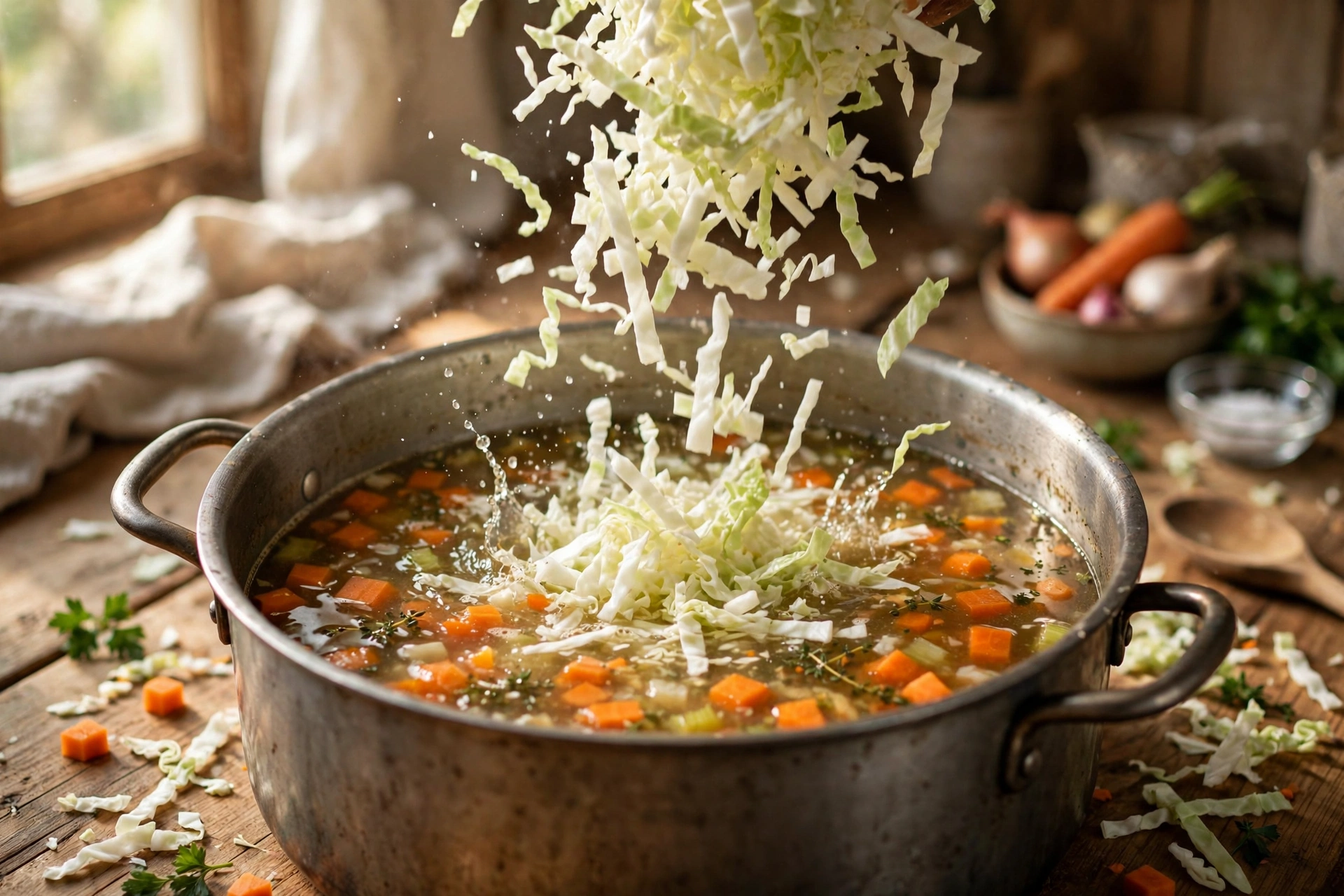 Weißkohl Suppe Rezept – Weißkohl wird fein gehobelt und im Topf vorbereitet