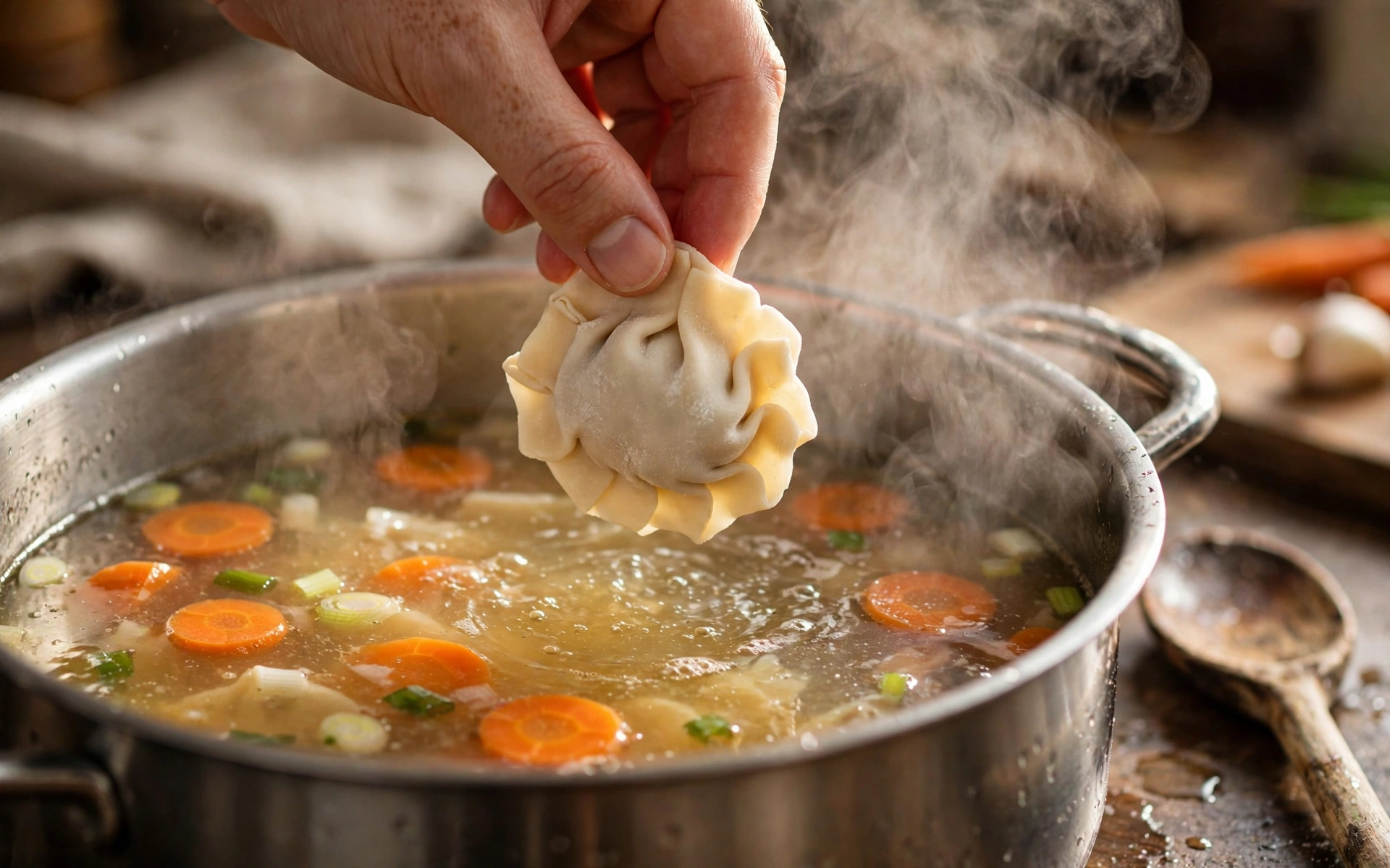 Dumpling Suppe Rezept – gefrorene Dumplings werden in die köchelnde Brühe gegeben