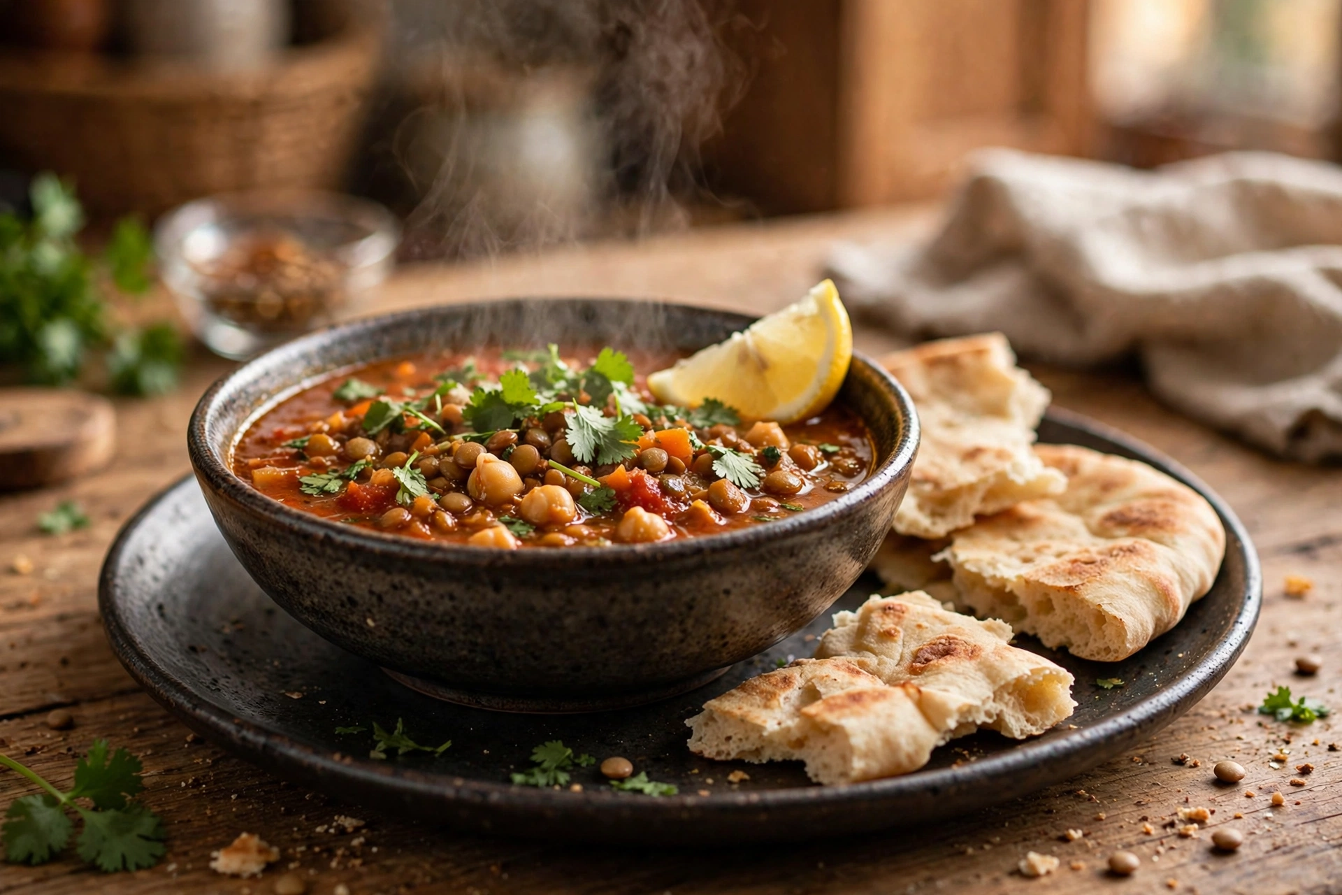 Orientalische Suppe Rezept – dampfende Harira mit Linsen, Kichererbsen und Koriander in einer Schale