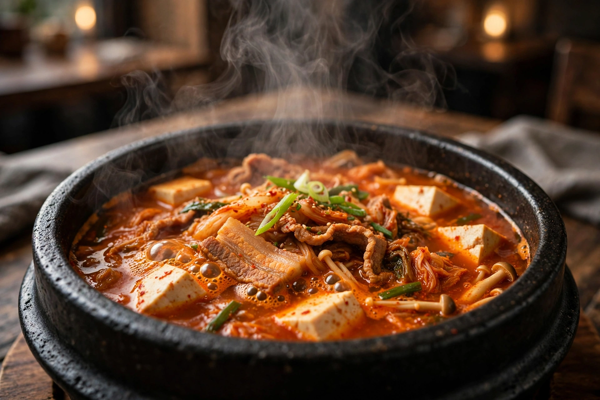 Koreanische Suppe Rezept – dampfende Kimchi Jjigae im Steintopf mit Tofu und Schweinebauch