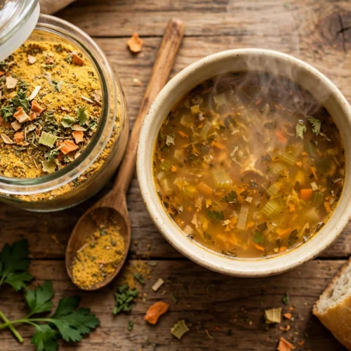 Instant Suppe selber machen Rezept – dampfende Tasse mit selbst gemachter Trockenmischung und Glas mit Suppenpulver