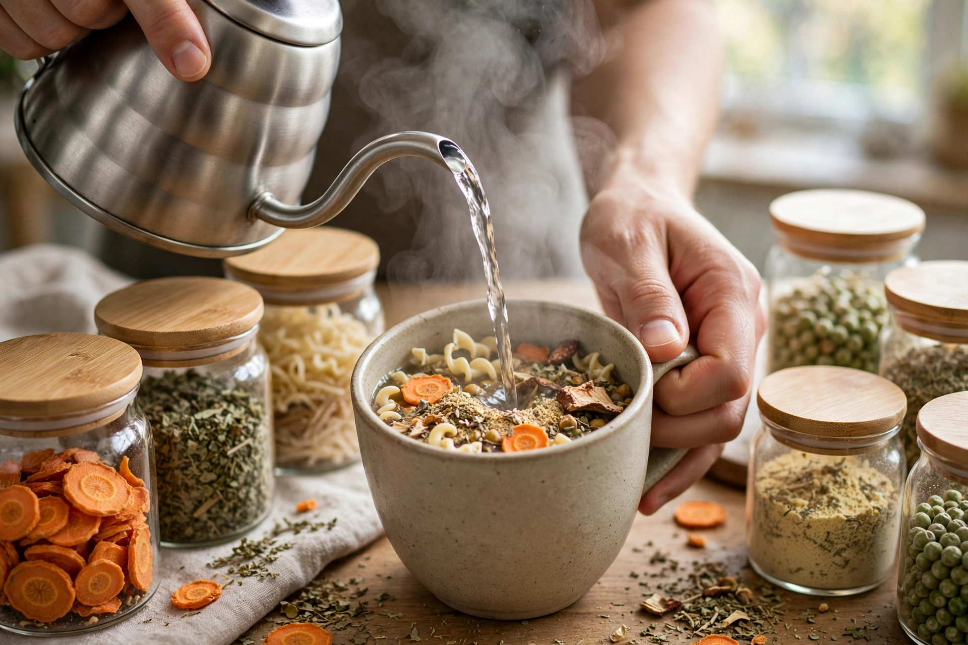 Instant Suppe selber machen Rezept – heißes Wasser wird in eine Tasse mit Trockenmischung gegossen