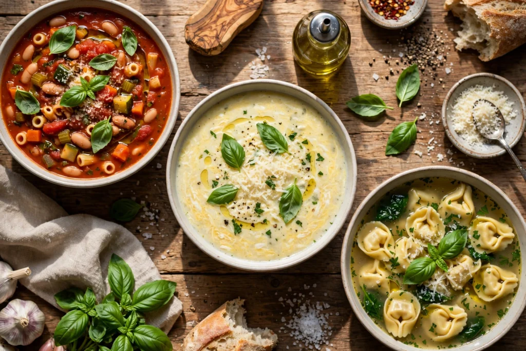 Italienische Suppe Rezept – verschiedene italienische Suppen mit Minestrone, Stracciatella und Tortellini auf einem Holztisch