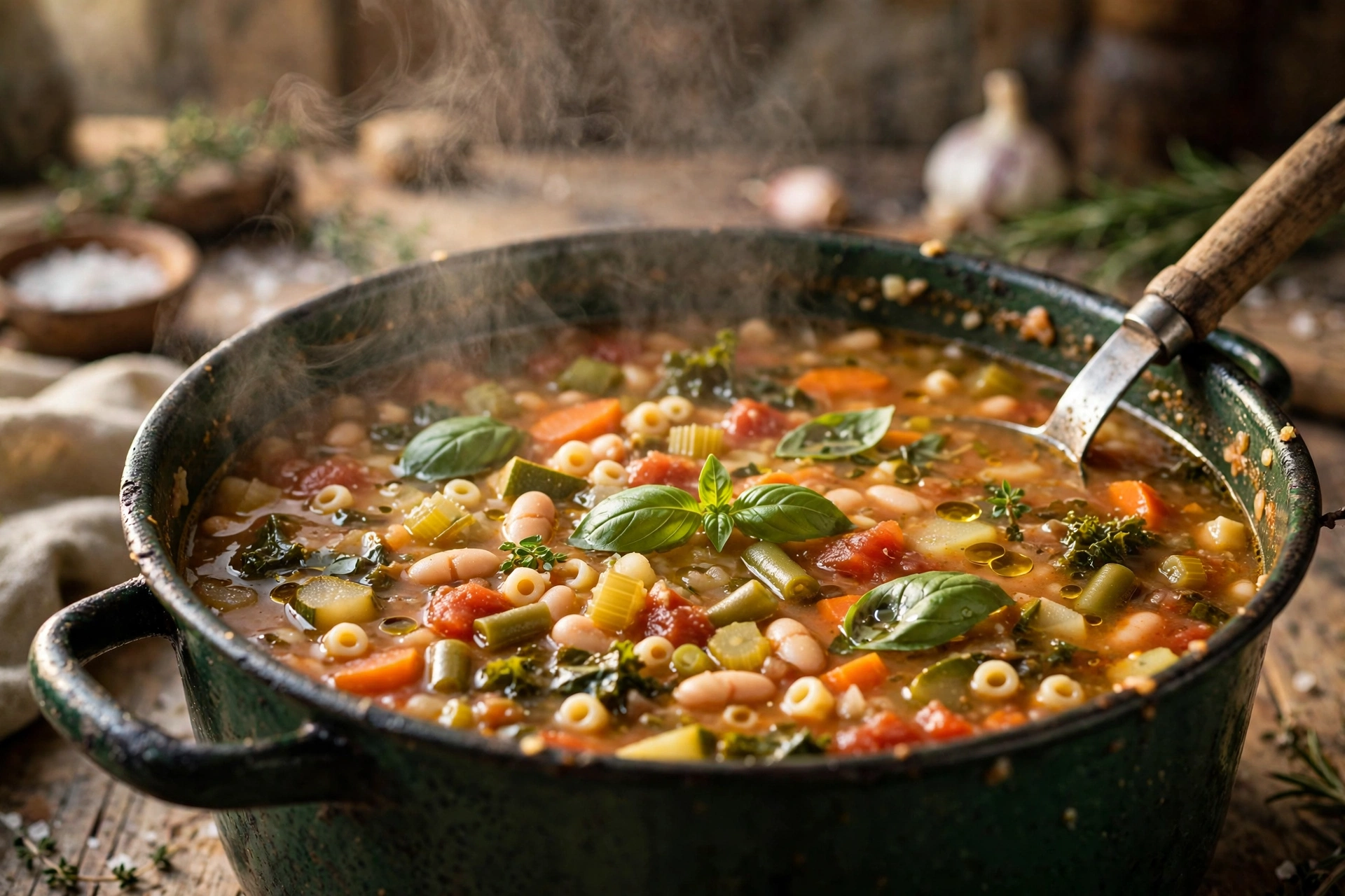 Italienische Suppe Rezept – dampfende Minestrone mit Gemüse, Bohnen und Pasta in einer Schale