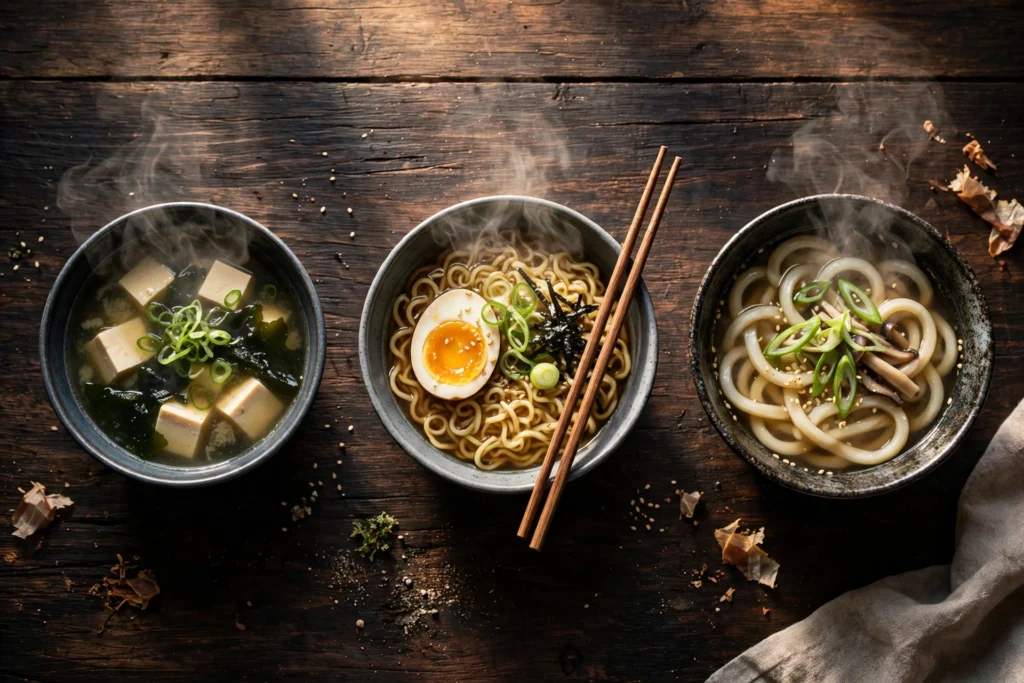 Japanische Suppe Rezept – verschiedene japanische Suppen in Schalen mit Tofu, Nudeln und Frühlingszwiebeln