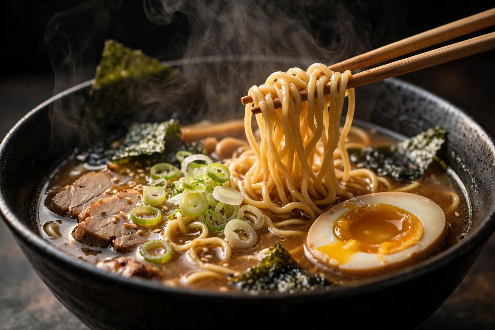 Japanische Suppe Rezept – dampfende japanische Ramen-Suppe mit Nudeln, Ei und Frühlingszwiebeln