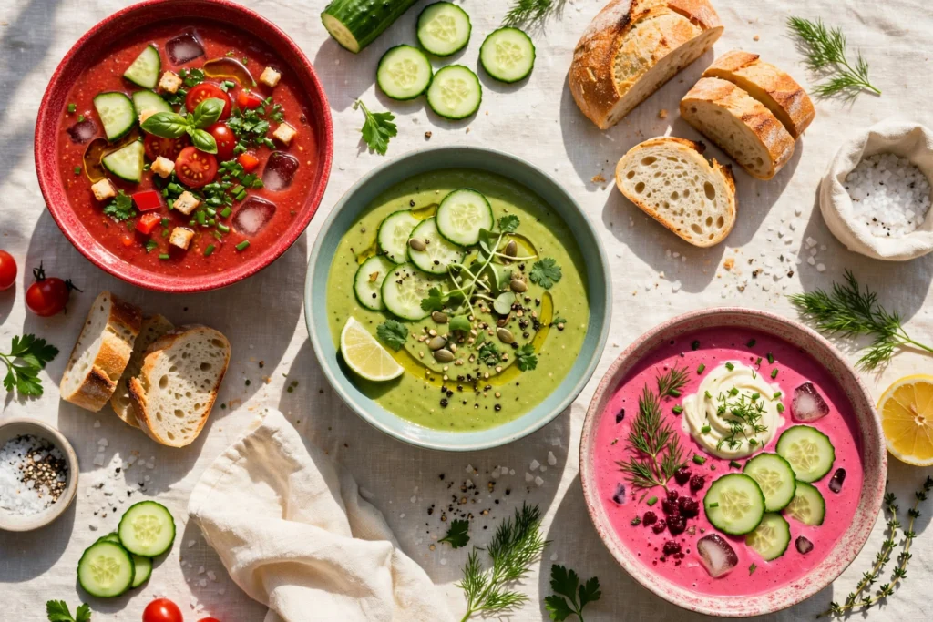 Kalte Suppe Rezept – verschiedene gekühlte Sommersuppen in Schalen auf einem Sommertisch