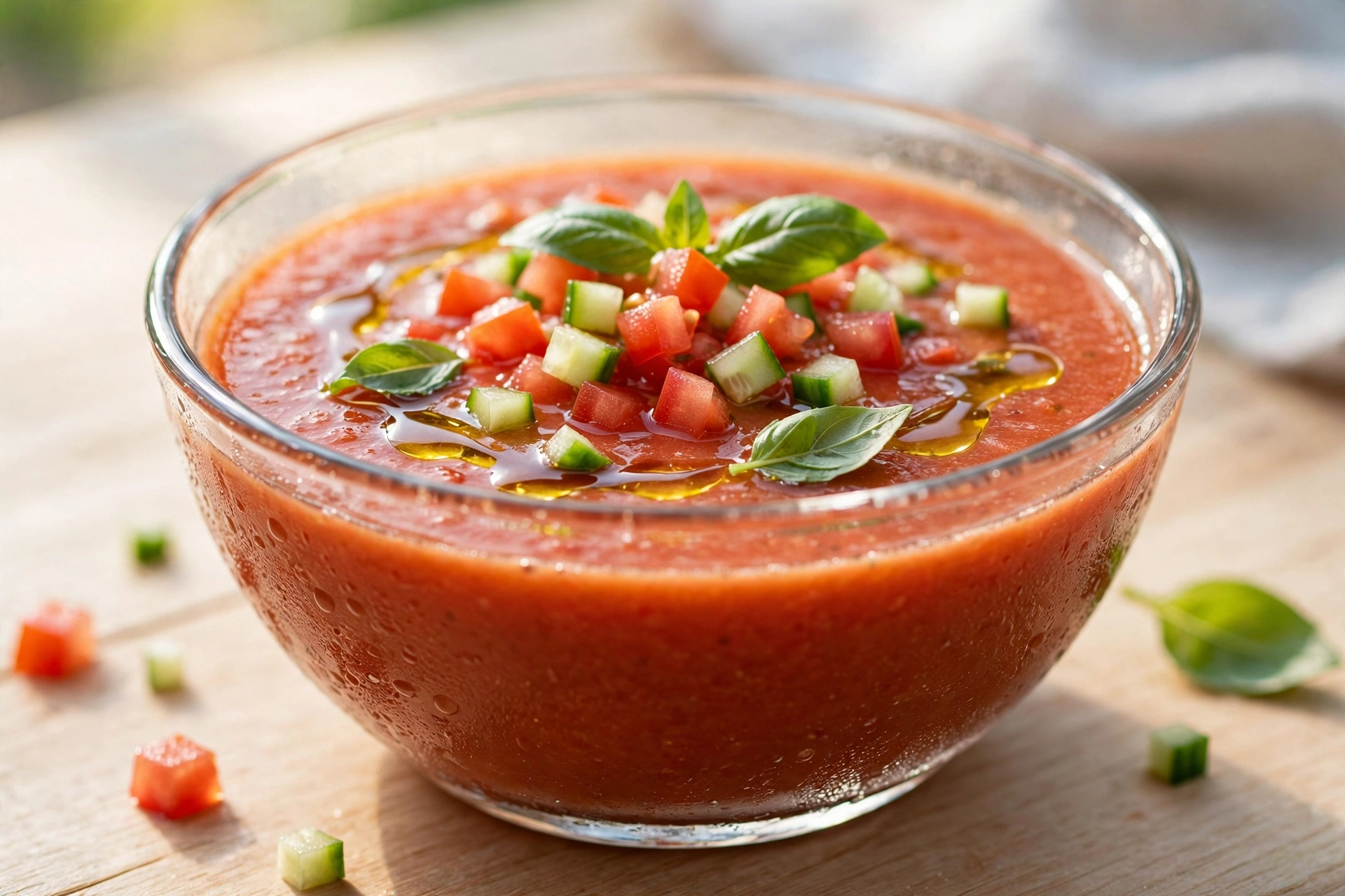 Kalte Suppe Rezept – gekühlte Gazpacho in einer Glasschale mit Tomaten, Gurke und Olivenöl