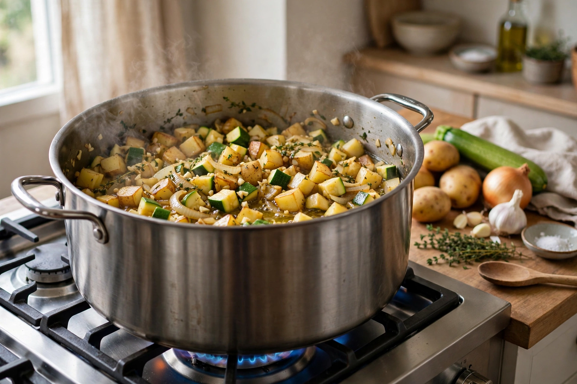 Kartoffel Zucchini Suppe Rezept – gewürfelte Kartoffeln und Zucchini werden mit Zwiebeln und Knoblauch im Topf angedünstet