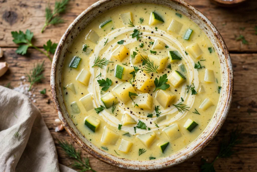 Kartoffel Zucchini Suppe Rezept – cremige Suppe mit Kartoffel- und Zucchiniwürfeln, Sahnehaube und Kräutern