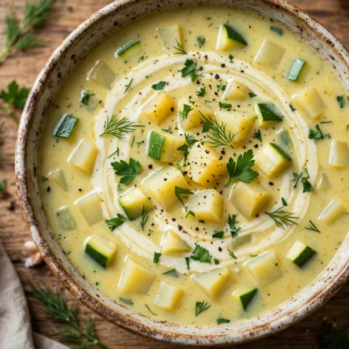 Kartoffel Zucchini Suppe Rezept – cremige Suppe mit Kartoffel- und Zucchiniwürfeln, Sahnehaube und Kräutern