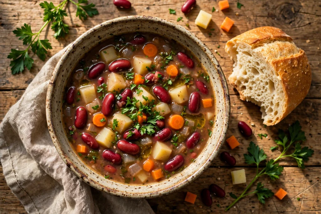 Kidneybohnen Suppe Rezept – herzhafte Kidneybohnensuppe mit roten Kidneybohnen, Kartoffeln und Petersilie in rustikaler Schale mit Brot