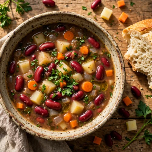 Kidneybohnen Suppe Rezept – herzhafte Kidneybohnensuppe mit roten Kidneybohnen, Kartoffeln und Petersilie in rustikaler Schale mit Brot