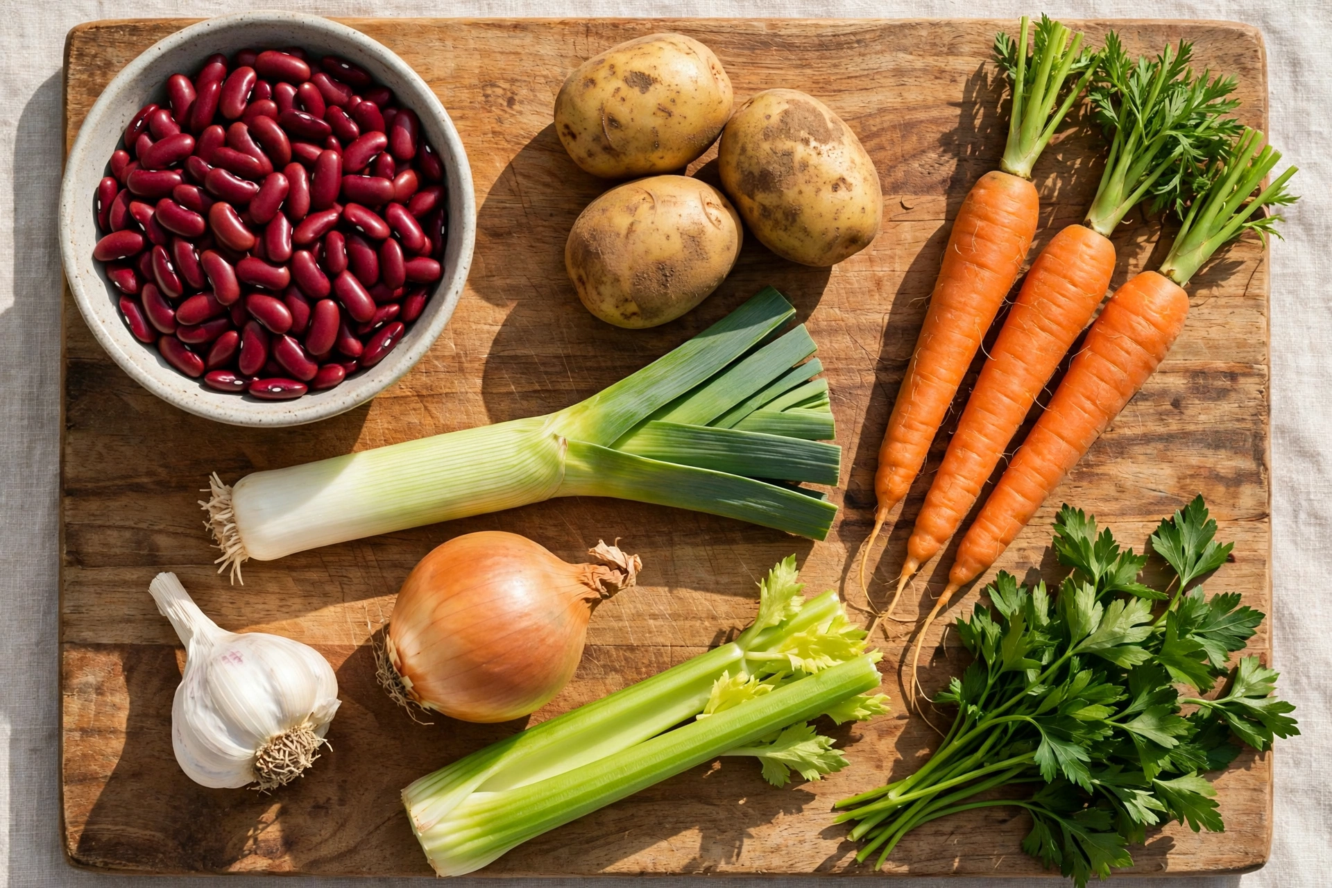 Kidneybohnen Suppe Rezept – Zutaten im Überblick: rote Kidneybohnen, Kartoffeln, Möhren, Lauch, Zwiebel, Knoblauch und Petersilie auf einem Holzbrett