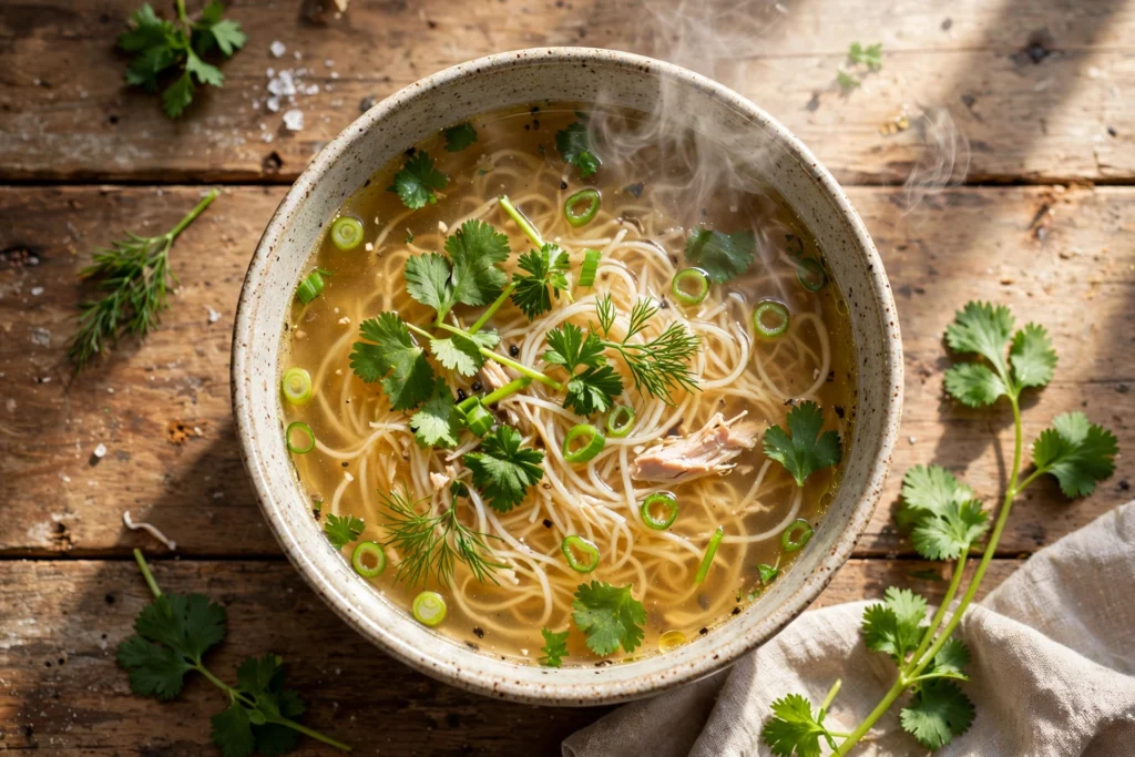 Klare Suppe Rezept – Schüssel mit goldklarer Hühnerbrühe, Nudeln und frischen Kräutern