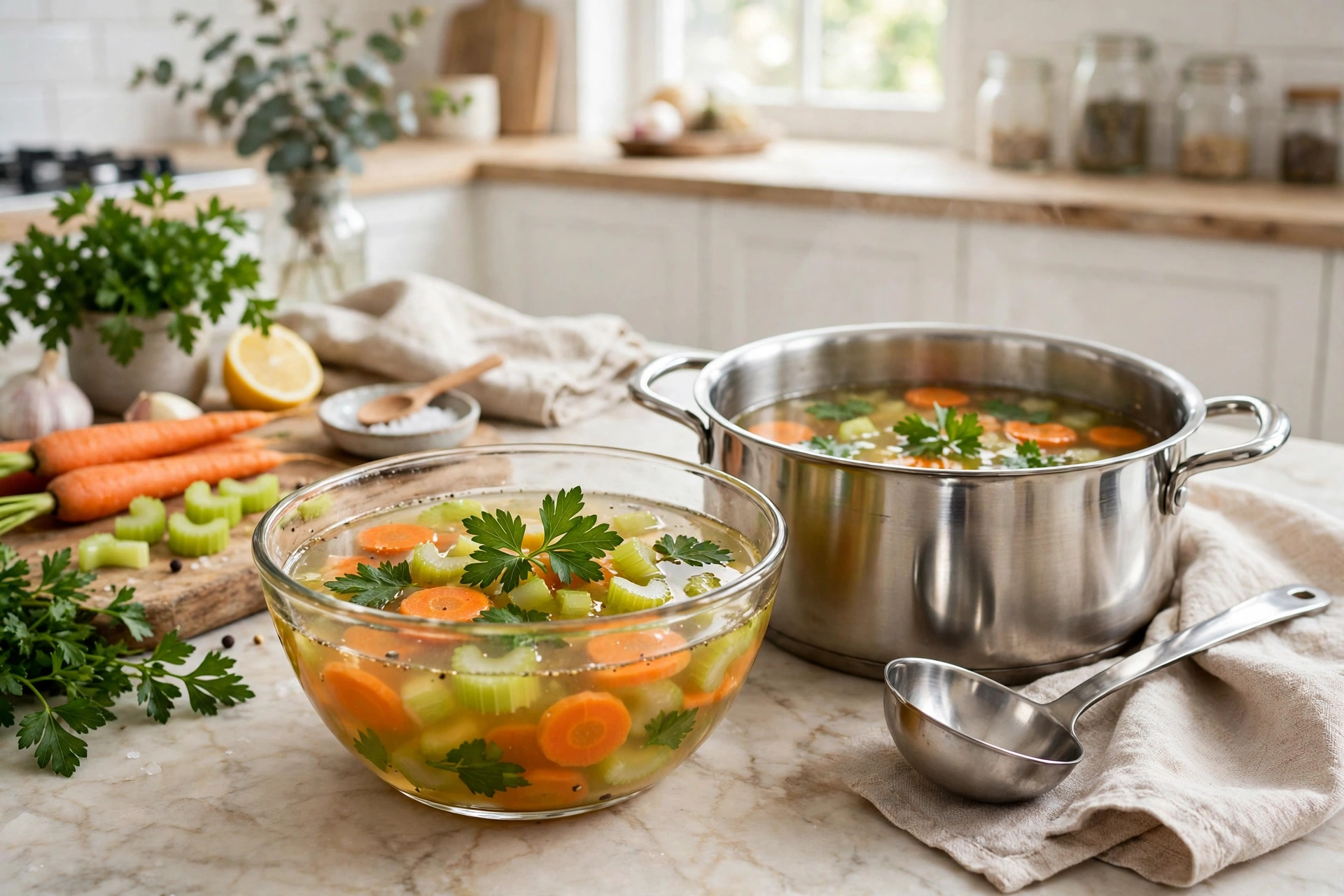 Klare Suppe Rezept – klare Gemüsebrühe mit Karotten, Sellerie und Petersilie