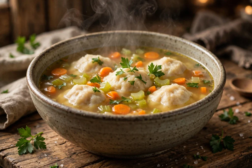 Klüten Suppe Rezept – dampfende norddeutsche Klütensuppe mit Mehlklößen, Karotten und Petersilie in rustikaler Schale