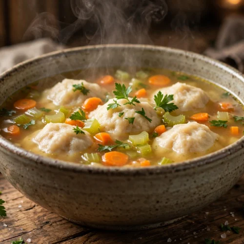 Klüten Suppe Rezept – dampfende norddeutsche Klütensuppe mit Mehlklößen, Karotten und Petersilie in rustikaler Schale