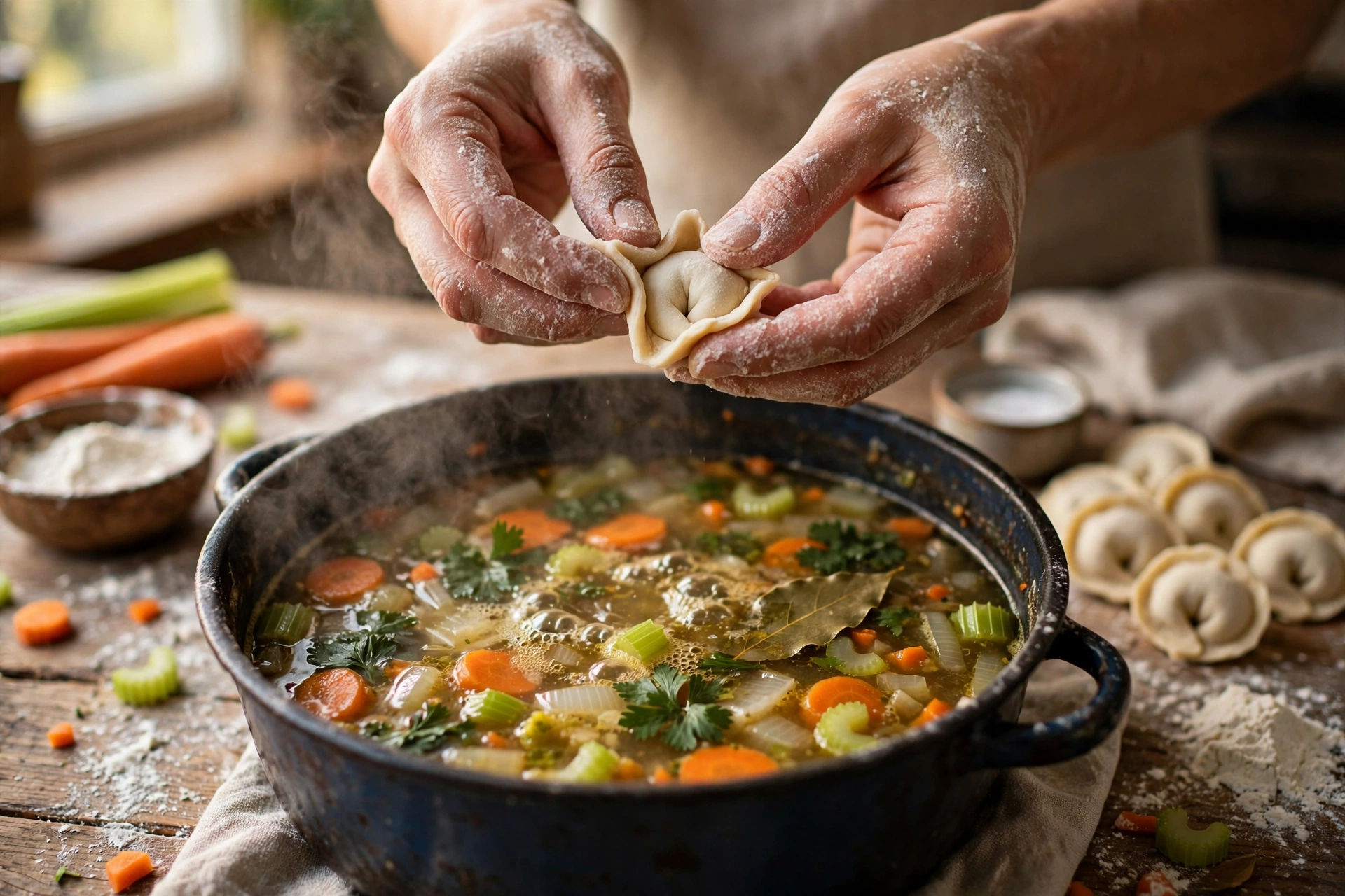 Klüten Suppe Rezept – Klütenteig wird mit Löffeln über dem Topf mit Gemüsebrühe abgestochen