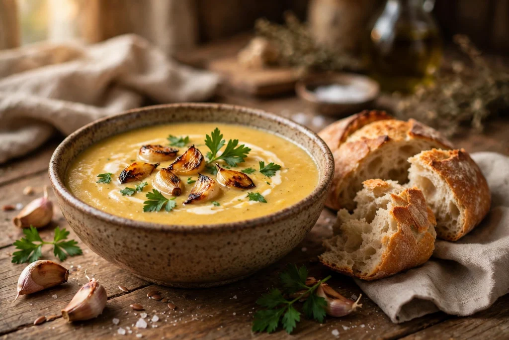 Knoblauch Suppe Rezept – cremige Knoblauchsuppe mit geröstetem Knoblauch und Brot
