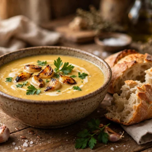 Knoblauch Suppe Rezept – cremige Knoblauchsuppe mit geröstetem Knoblauch und Brot