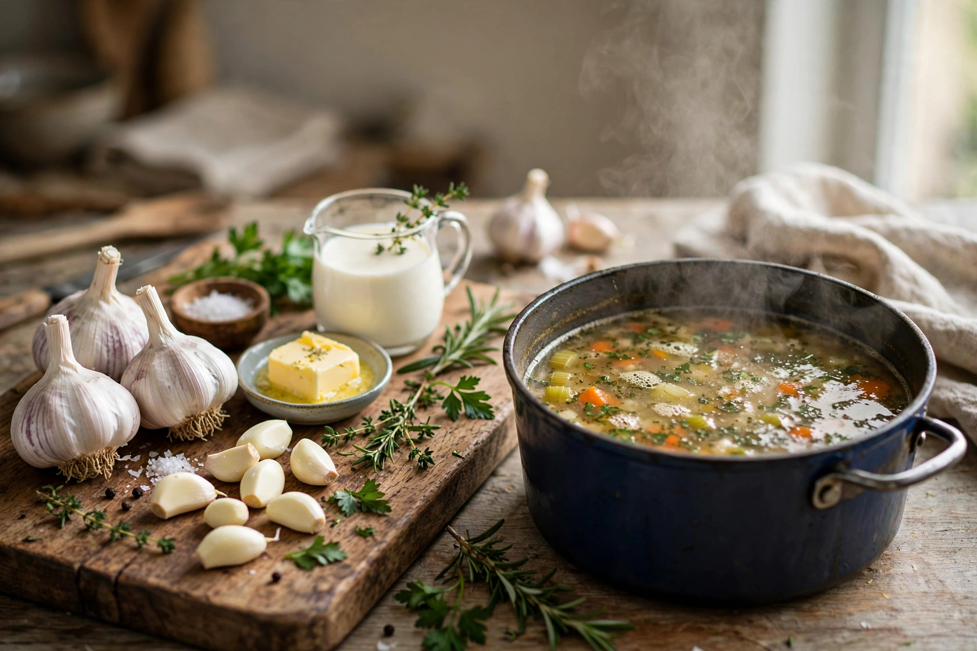 Knoblauch Suppe Rezept – frischer Knoblauch, Butter und Sahne für die cremige Suppe