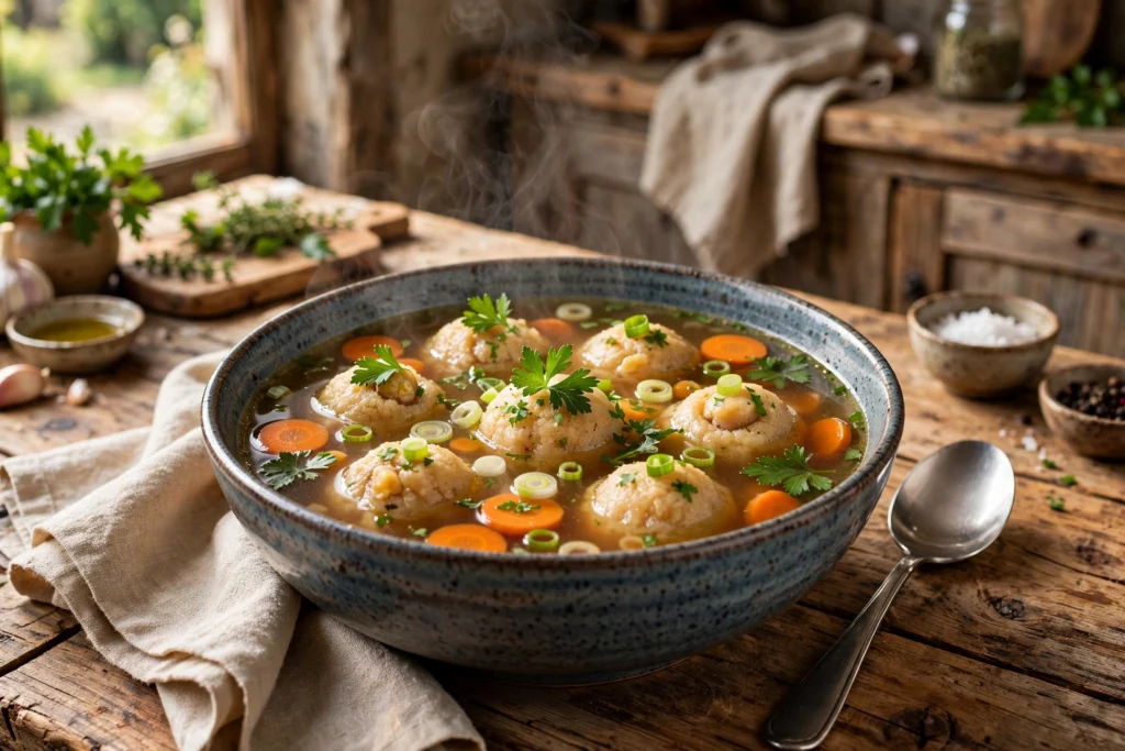 Knochenbrühe Suppe Rezept – dampfende Suppenschüssel mit klarer goldbrauner Knochenbrühe, Markklößchen, Karotten und frischer Petersilie