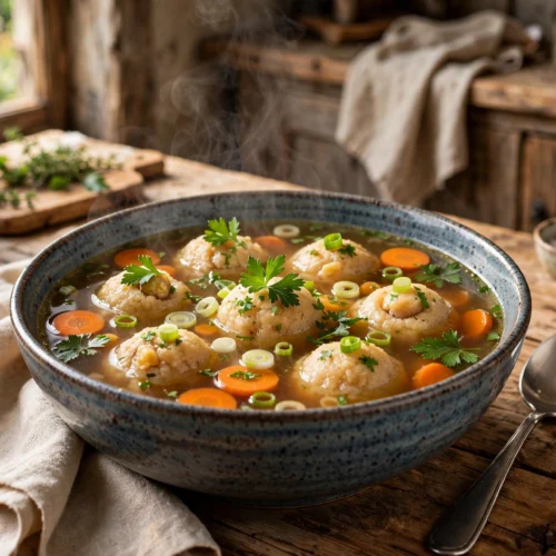 Knochenbrühe Suppe Rezept – dampfende Suppenschüssel mit klarer goldbrauner Knochenbrühe, Markklößchen, Karotten und frischer Petersilie