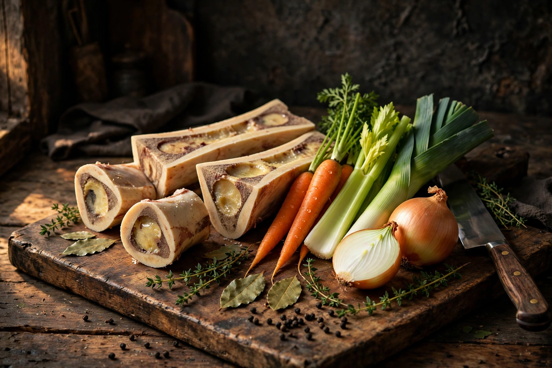 Knochenbrühe Suppe Rezept – Zutaten im Überblick: Rinderknochen mit Mark, Suppengrün, Zwiebel, Lorbeer und Gewürze