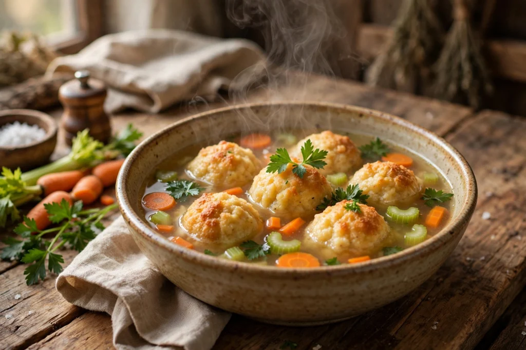 Knödel Suppe Rezept – dampfende Schüssel mit goldgelben Semmelknödeln in klarer Gemüsebrühe mit Karotten und Petersilie