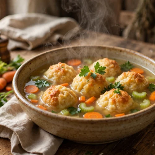 Knödel Suppe Rezept – dampfende Schüssel mit goldgelben Semmelknödeln in klarer Gemüsebrühe mit Karotten und Petersilie