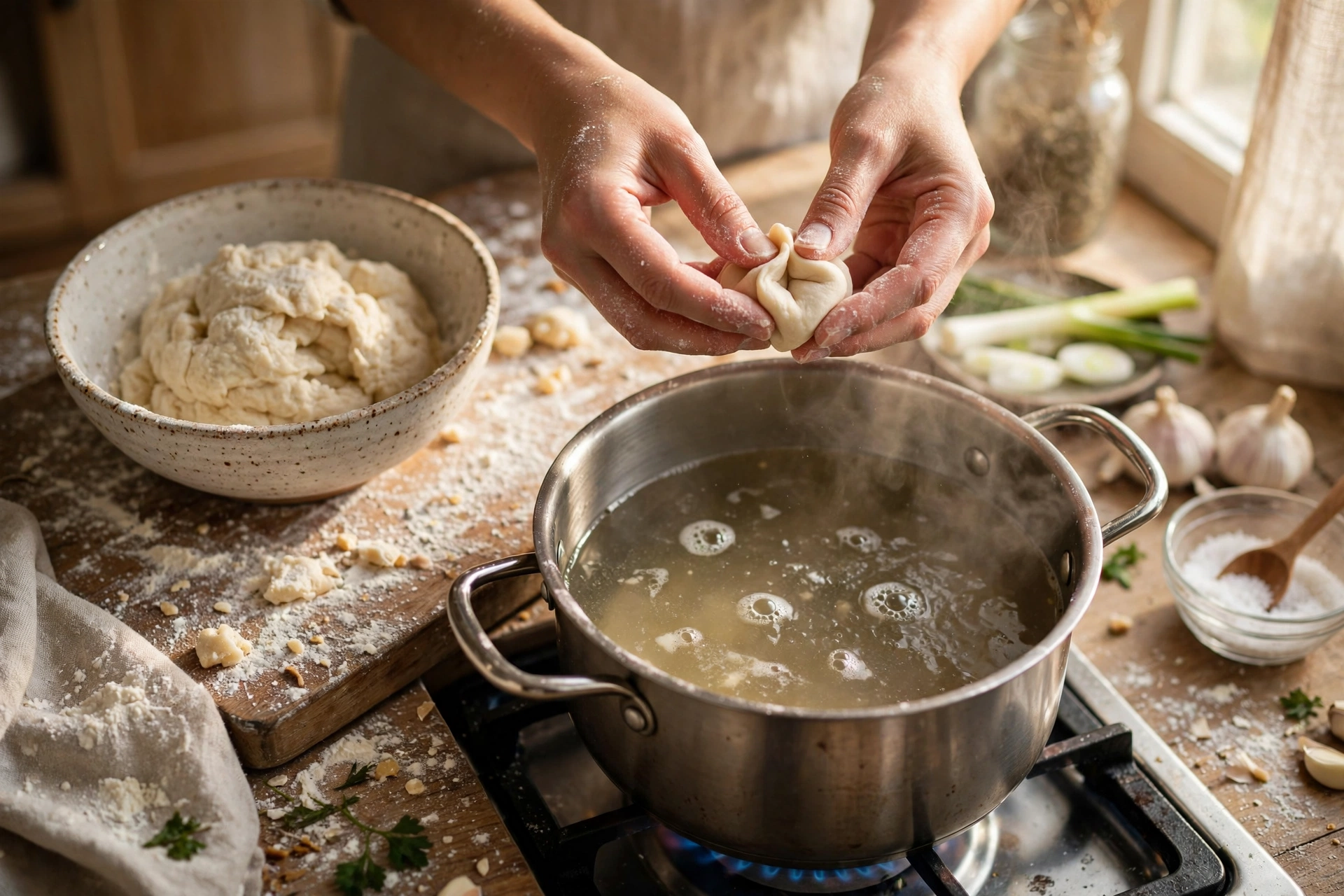 Knödel Suppe Rezept – Semmelknödel von Hand über dem Topf mit klarer Brühe formen