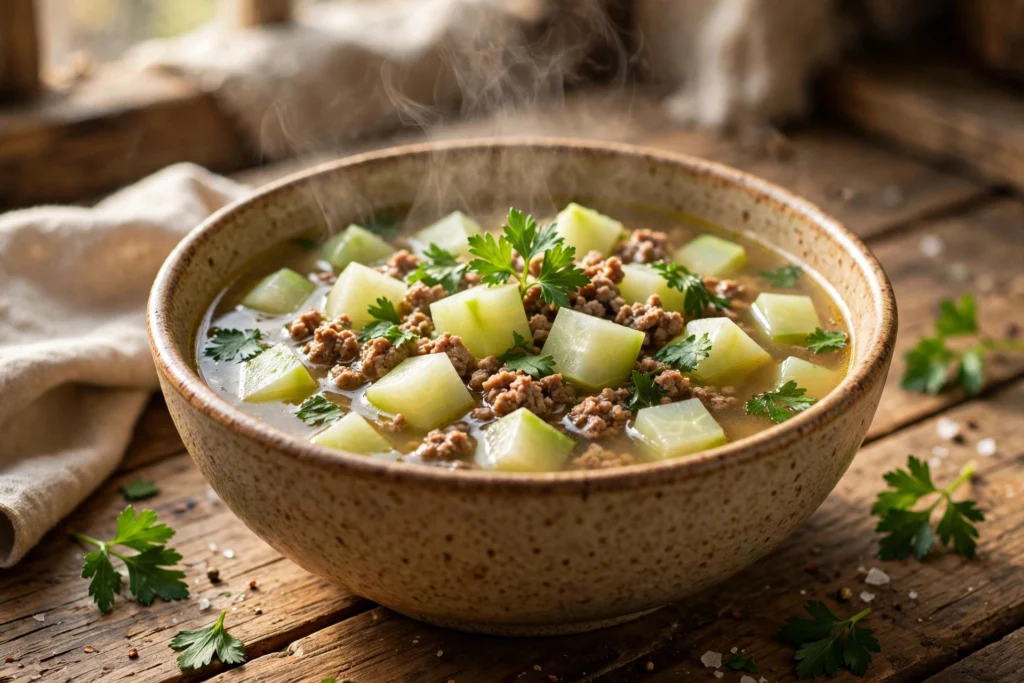 Kohlrabi Hack Suppe Rezept – dampfende Schüssel herzhafte Kohlrabisuppe mit Hackfleisch, Kohlrabiwürfeln und Petersilie