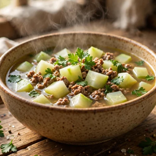 Kohlrabi Hack Suppe Rezept – dampfende Schüssel herzhafte Kohlrabisuppe mit Hackfleisch, Kohlrabiwürfeln und Petersilie