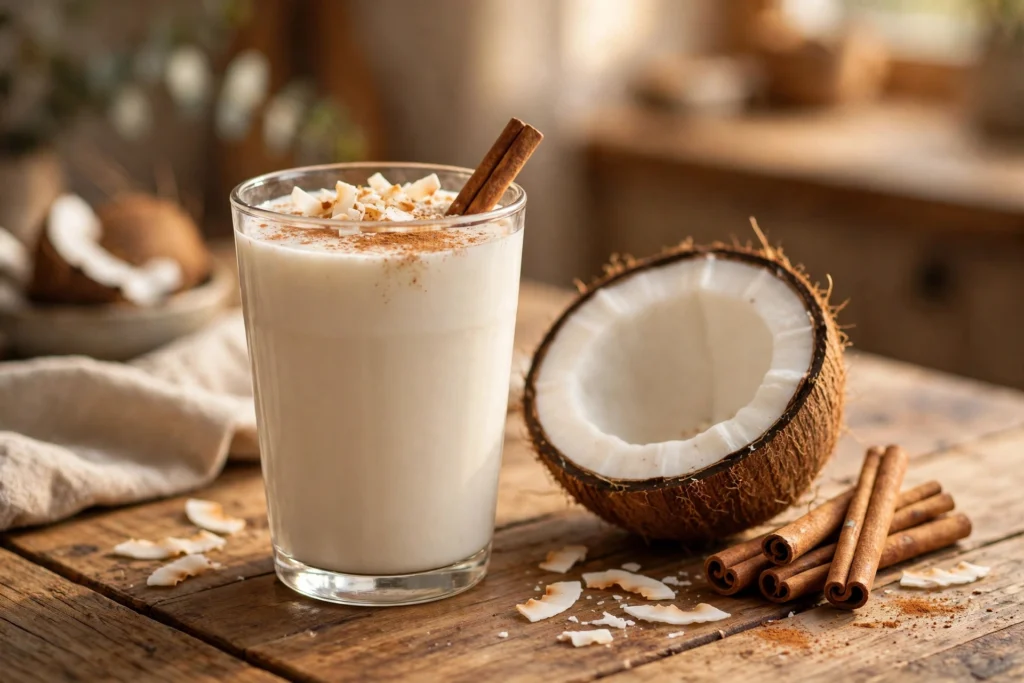 Kokosmilch trinken Rezept – cremiges Kokosgetränk im Glas mit Zimt und Kokosflocken
