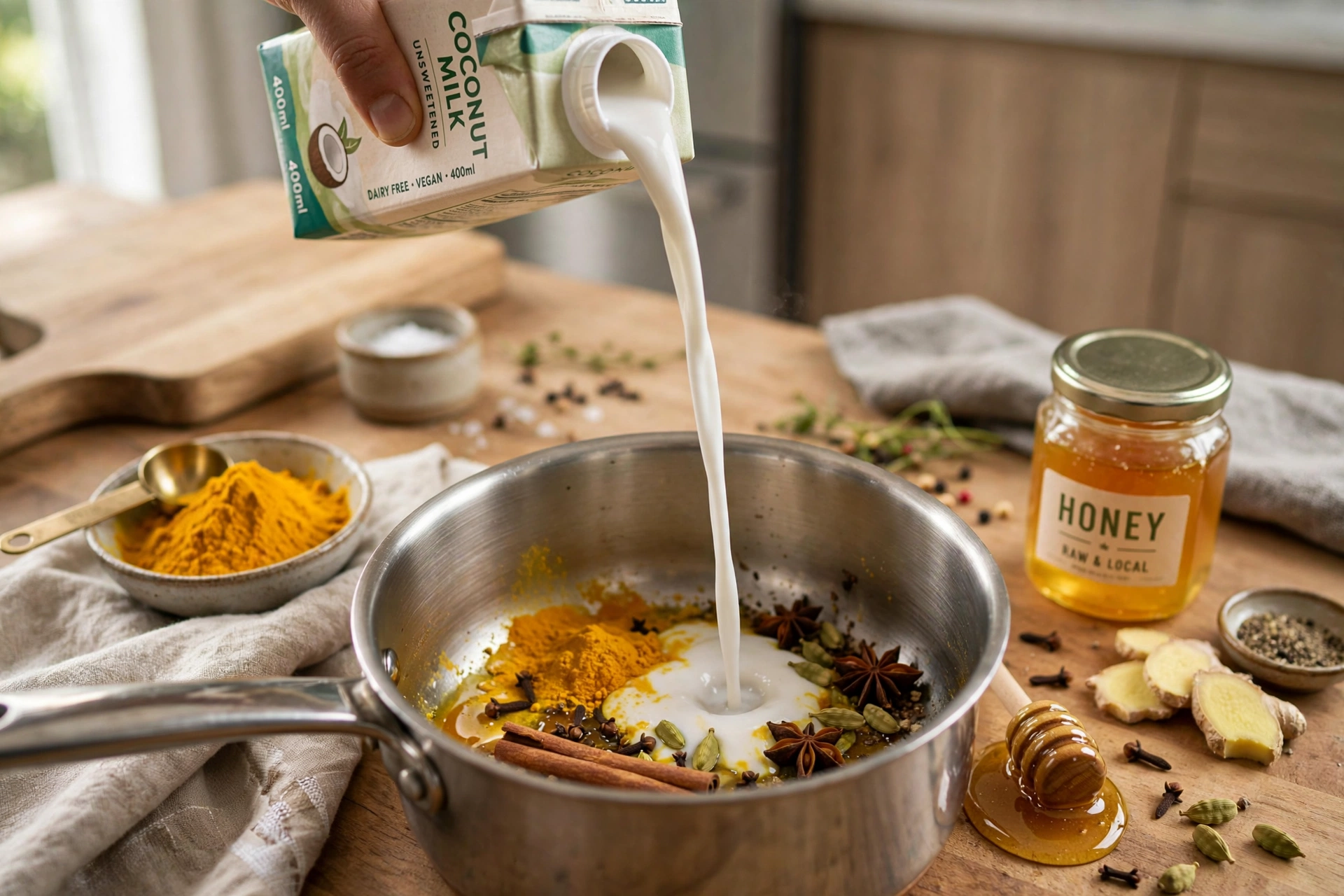 Kokosmilch trinken Rezept – Zubereitung mit Kokosmilch, Kurkuma und Honig